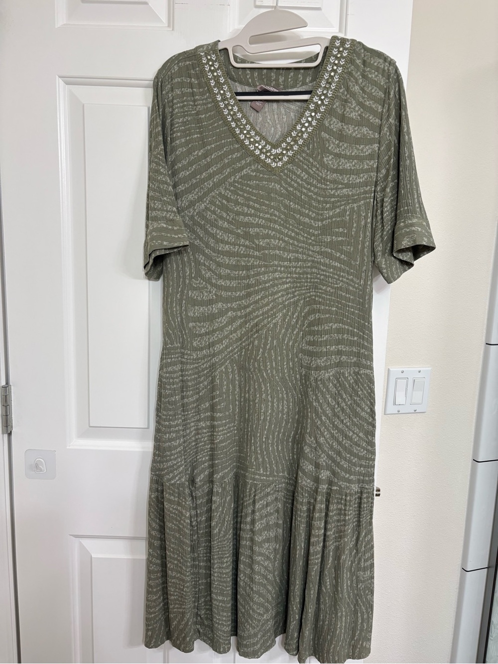 Chico's Olive Green Beaded V-Neck Midi Dress